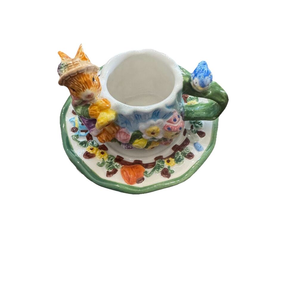 Vintage Bunny Teacup Candle Holder w Saucer Easter Spring Garden Cottagecore